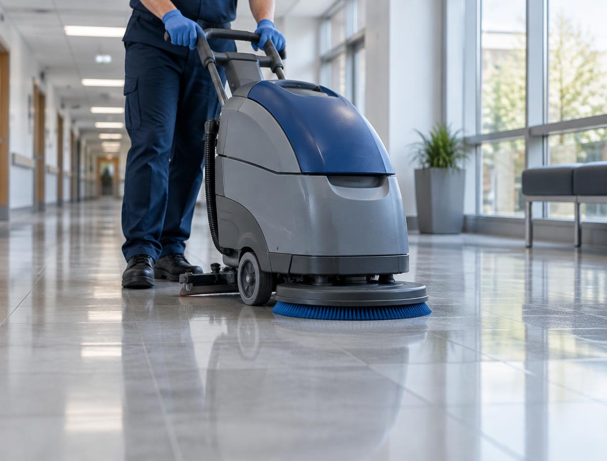 Limpeza profissional de piso com equipamento industrial