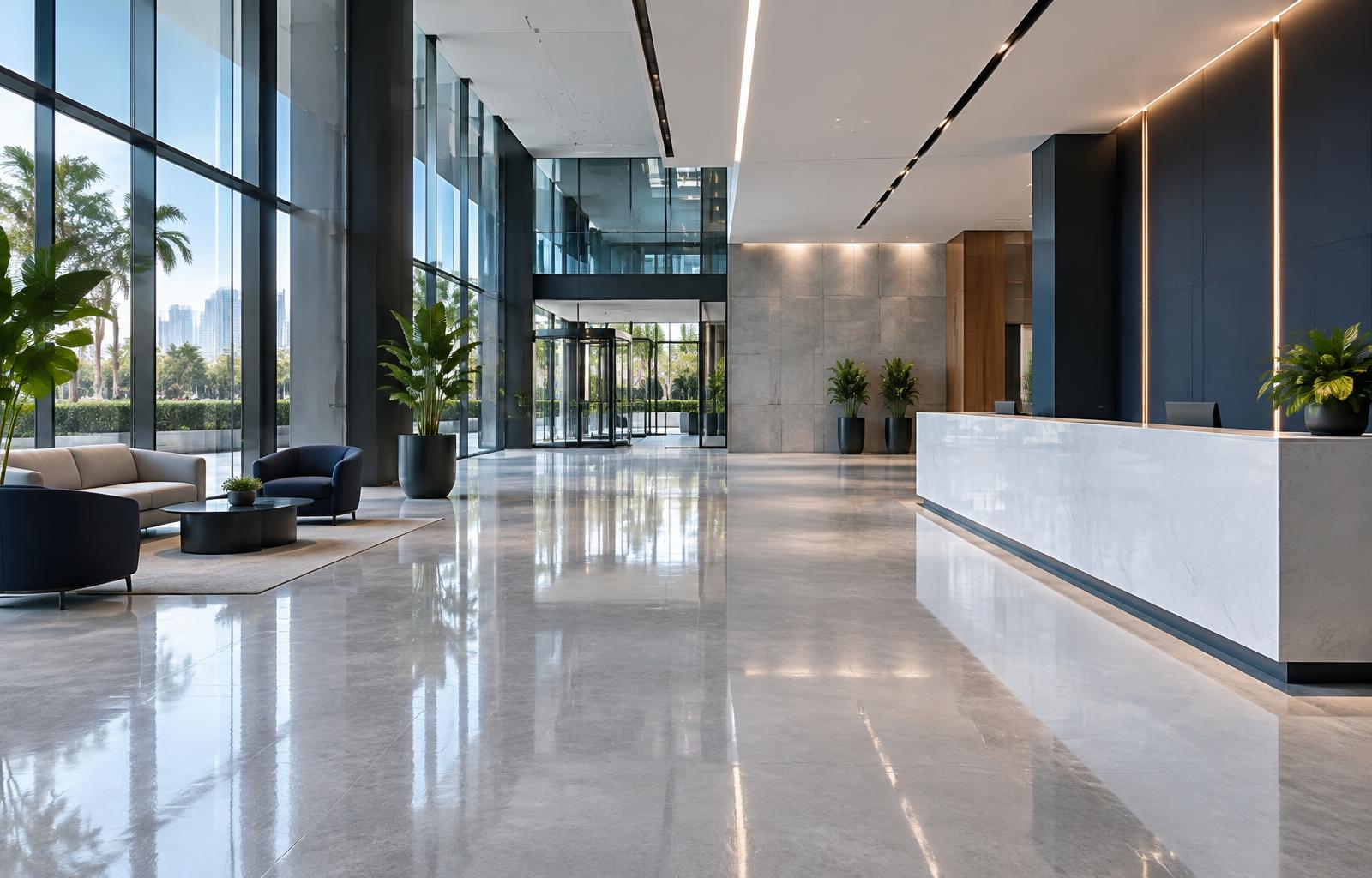 Recepção corporativa ampla com piso brilhante e ambiente bem cuidado